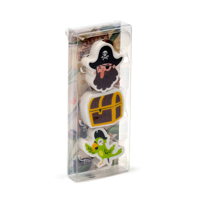 Colorful pirate-themed erasers in a set
