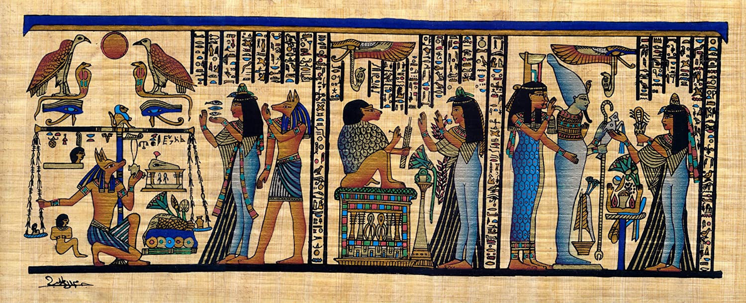 Egyptian Papyrus Painting of the Judgement Scene with Anubis and Osiris