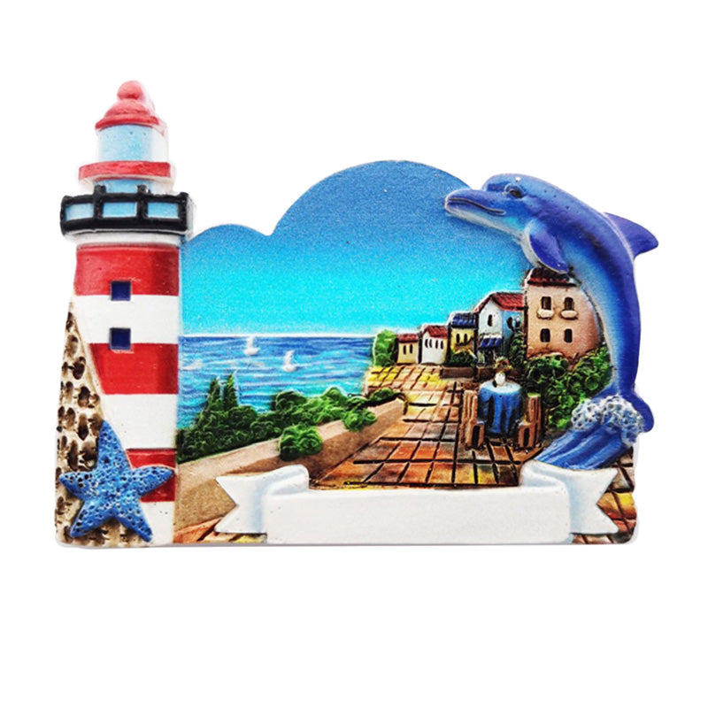 3D Printed Souvenir Seaside Magnet featuring a lighthouse and dolphin