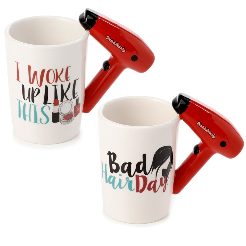 Whimsical hair drier shaped handle ceramic mug