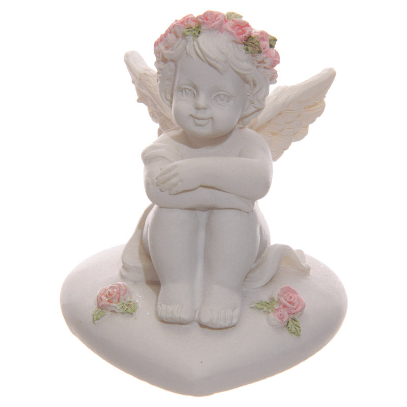 Collectable Cherub Sitting on Heart with Pink Roses - Back View
