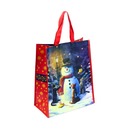 Durable shopping bag with festive cats and snowman artwork.