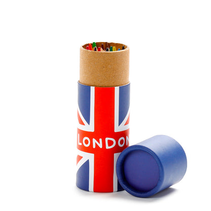 Vibrant colouring pencils in Union Jack tube