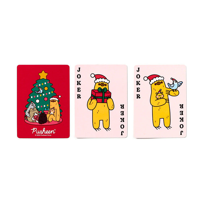 Playing cards showcasing Pusheen in festive attire