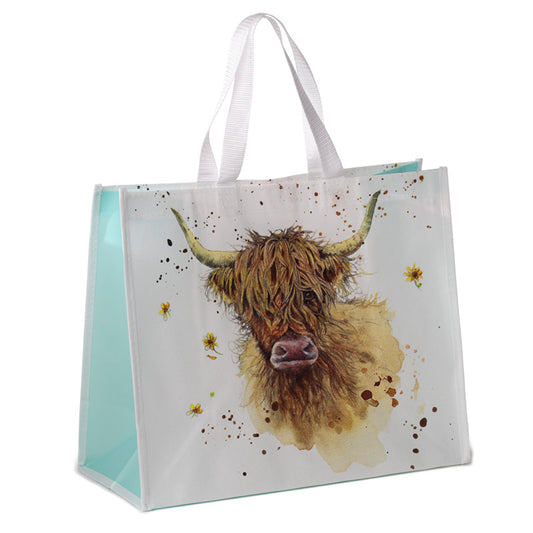 Durable reusable shopping bag with Highland Coo Cow design