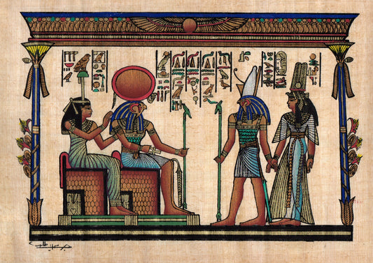 Egyptian papyrus art depicting Amentet, Re-Horakhty, Horus, and Nefertari
