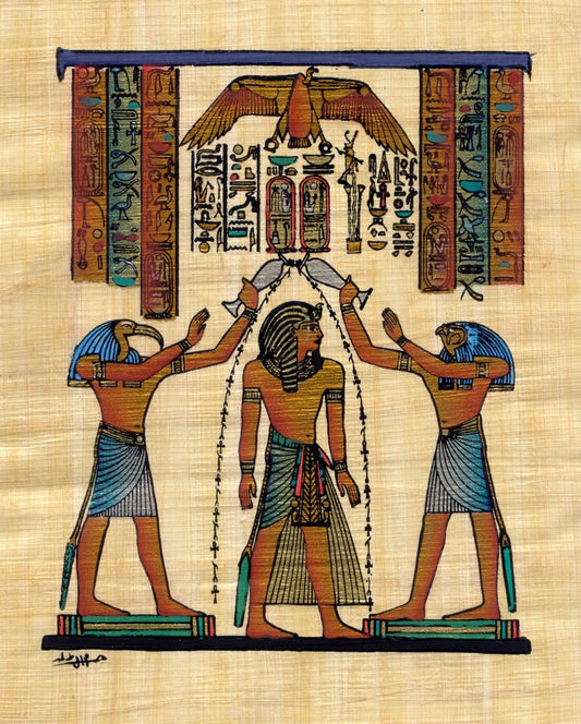 Egyptian papyrus painting depicting Ramesses II, Horus, and Thoth