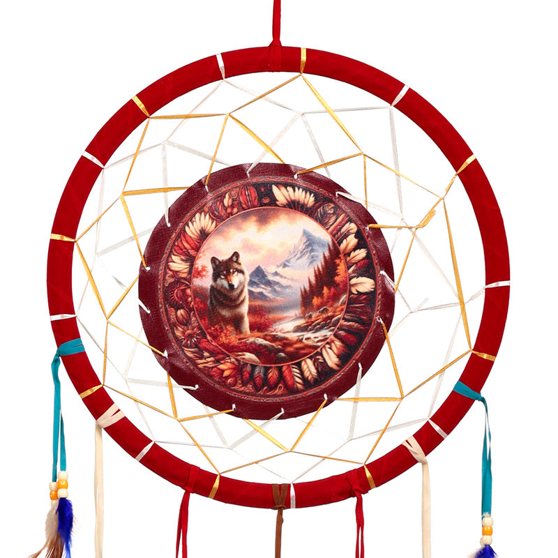 Close-up of feathers on Autumnal Wolf Dreamcatcher