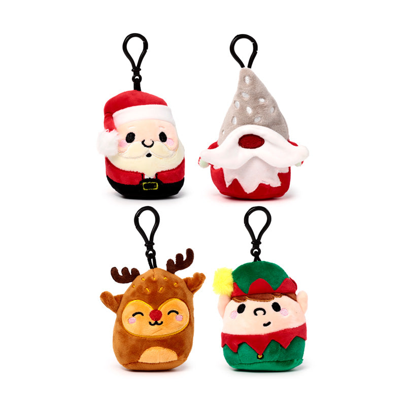 Close-up of Squidglys Plush Keyring with holiday characters