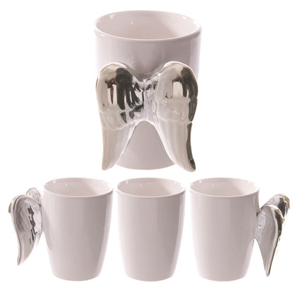 Shaped Handle Ceramic Mug with Silver Angel Wings