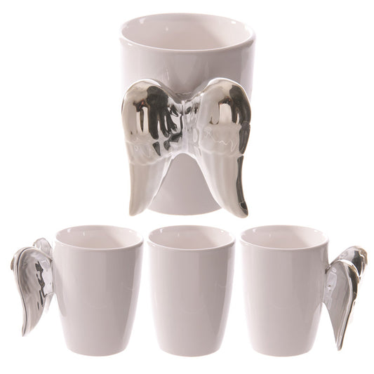 Shaped Handle Ceramic Mug with Silver Angel Wings