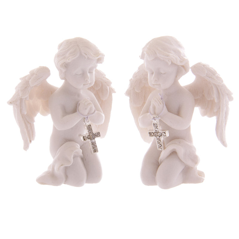 Cute praying cherub figurine holding a jewelled silver cross