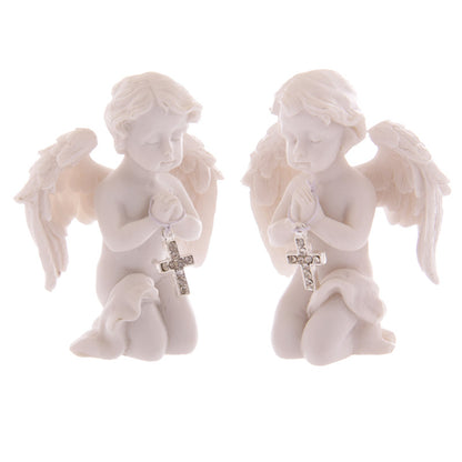 Cute praying cherub figurine holding a jewelled silver cross