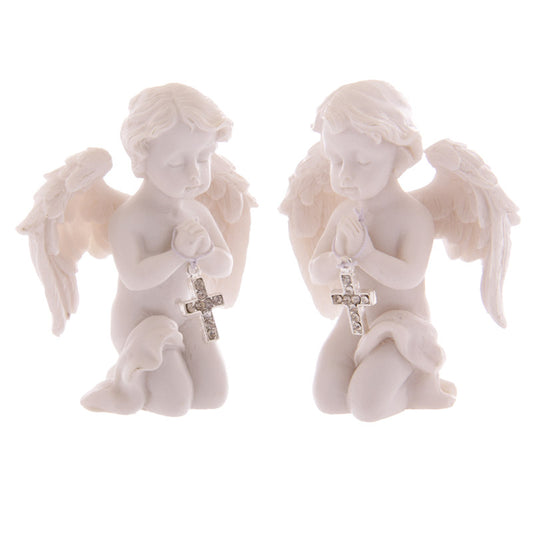 Cute praying cherub figurine holding a jewelled silver cross