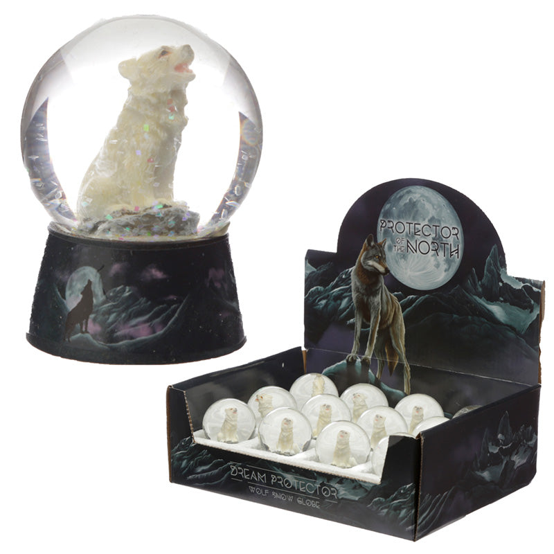 Dream Protector Wolf Snow Globe displayed on a shelf
