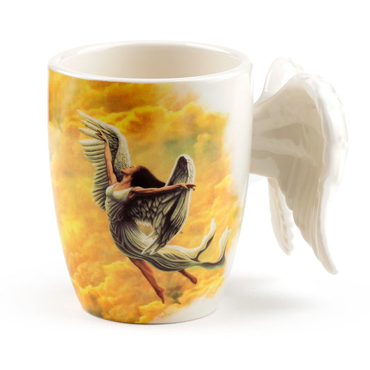 Shaped Handle Ceramic Mug with Angel Wings Design
