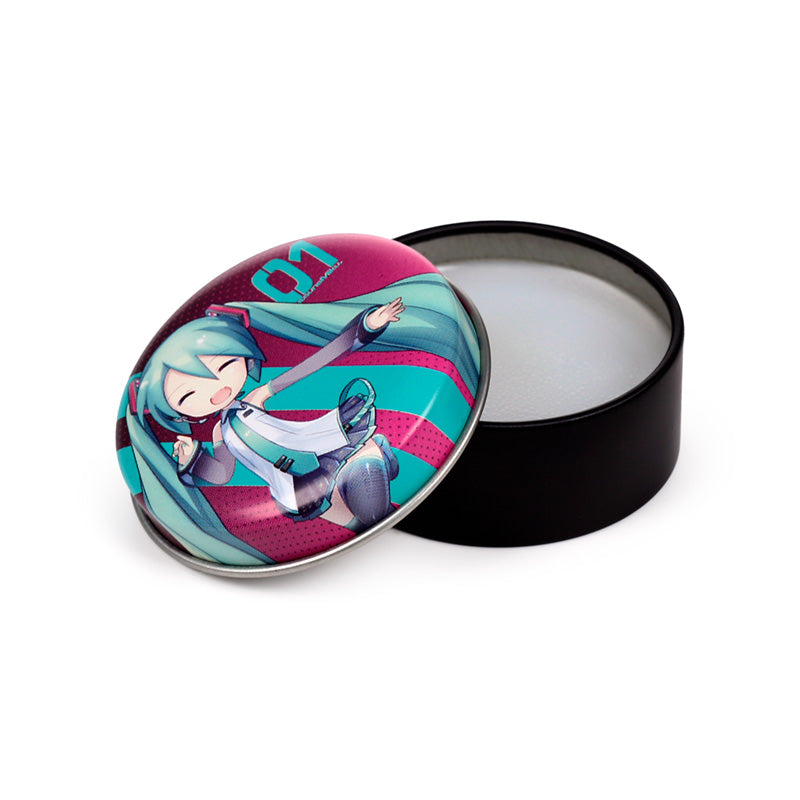 Close-up of Hatsune Miku themed lip balm tin