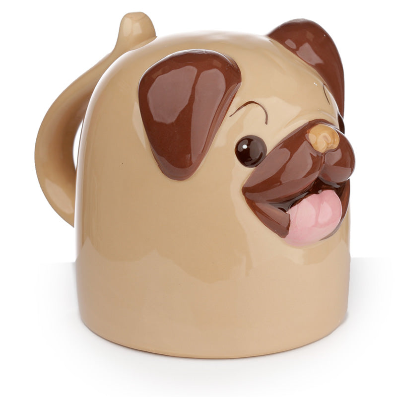 Close-up of Mopps Pug design on upside down ceramic mug