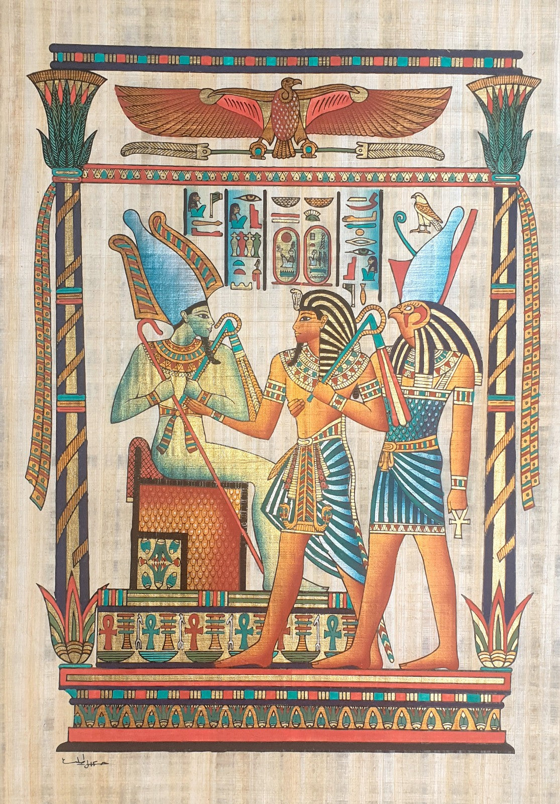 Egyptian papyrus painting depicting Osiris, Seti I, and Horus