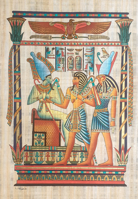 Egyptian papyrus painting depicting Osiris, Seti I, and Horus