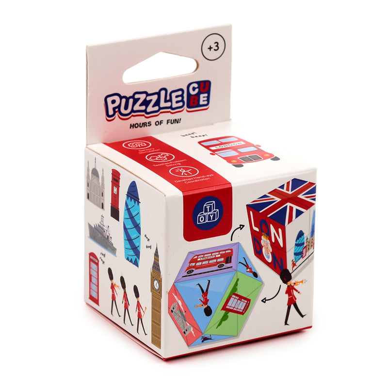 Vibrant London Puzzle Cube Toy displayed on a shelf