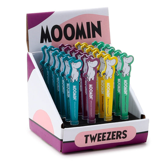 Moomin-shaped tweezers on a decorative background