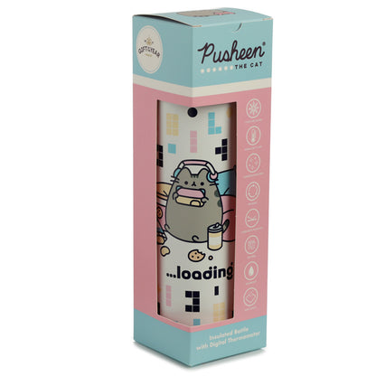 Close-up of Pusheen the Cat design on insulated bottle
