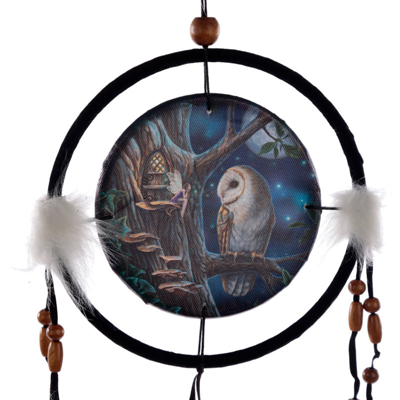 Close-up of Lisa Parker's small dreamcatcher design with owl and fairy