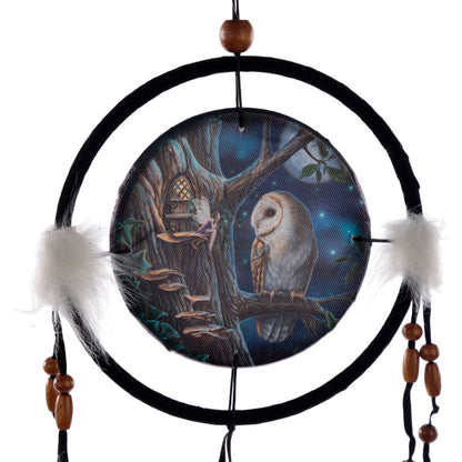 Close-up of Lisa Parker's small dreamcatcher design with owl and fairy