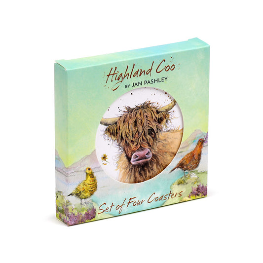 Set of 4 cork novelty coasters featuring Highland Coo Cow artwork
