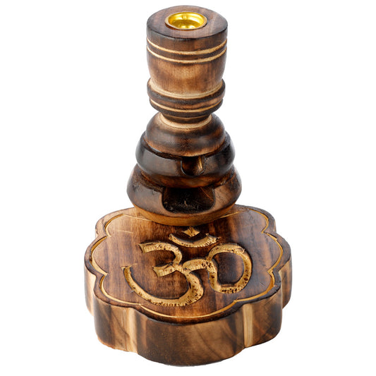 Carved mango wood backflow incense burner with Om design