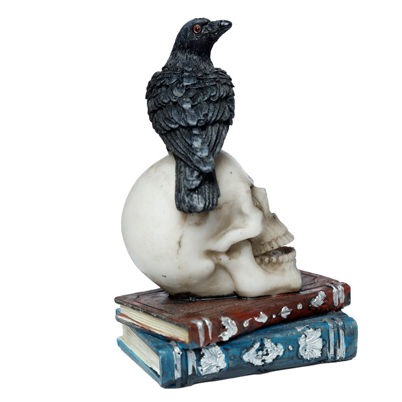 Decorative crow on skull ornament in home setting