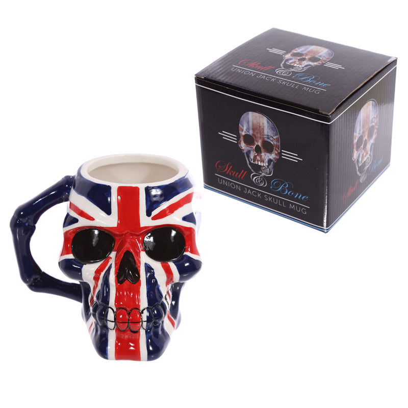 Ceramic shaped head mug with UK flag skull design