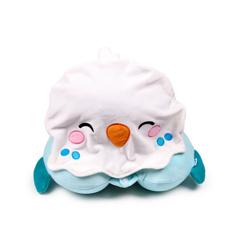 Adoramals Kiki the Budgie travel pillow in use