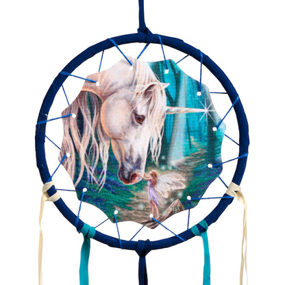 Close-up of small dreamcatcher featuring unicorn design