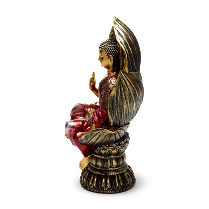 Thai Buddha Figurine showcasing vibrant red and gold colors