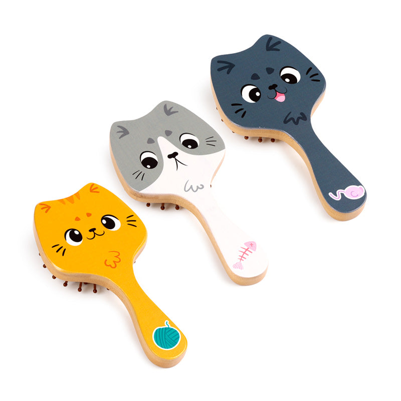 Side view of Bamboo Shaped Hair Brush with cat motif