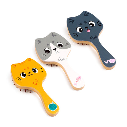 Side view of Bamboo Shaped Hair Brush with cat motif