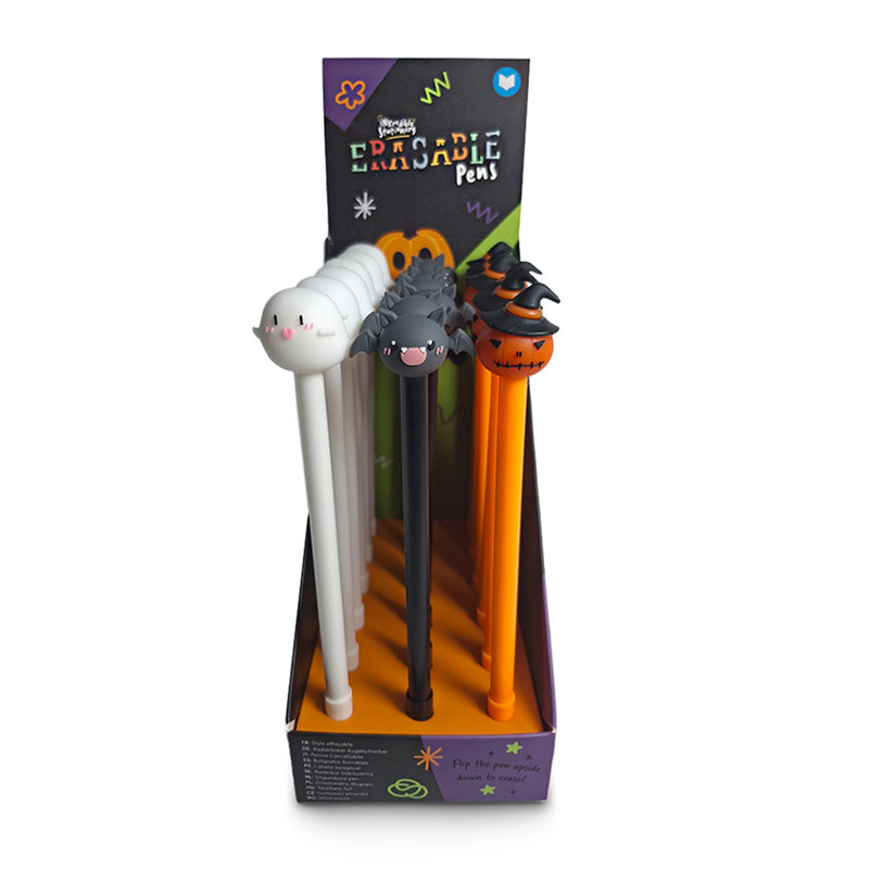 Halloween erasable pen with spooky ghost, bat, and pumpkin PVC toppers