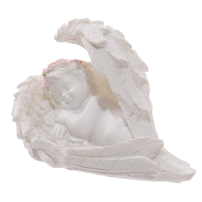 Decorative Rose Cherub Sleeping Figurine displayed on a mantel