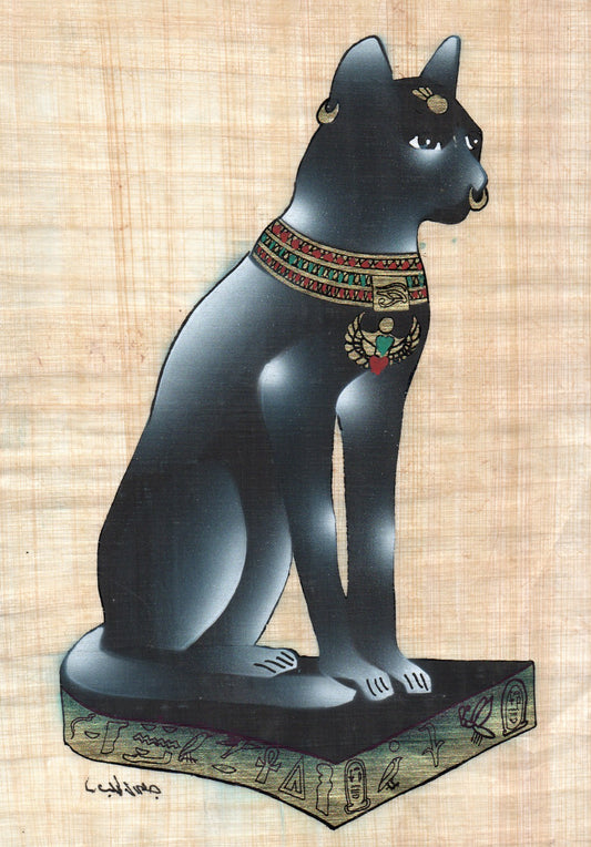 Egyptian Papyrus Art depicting the Goddess Bastet, showcasing intricate designs and vibrant colours.