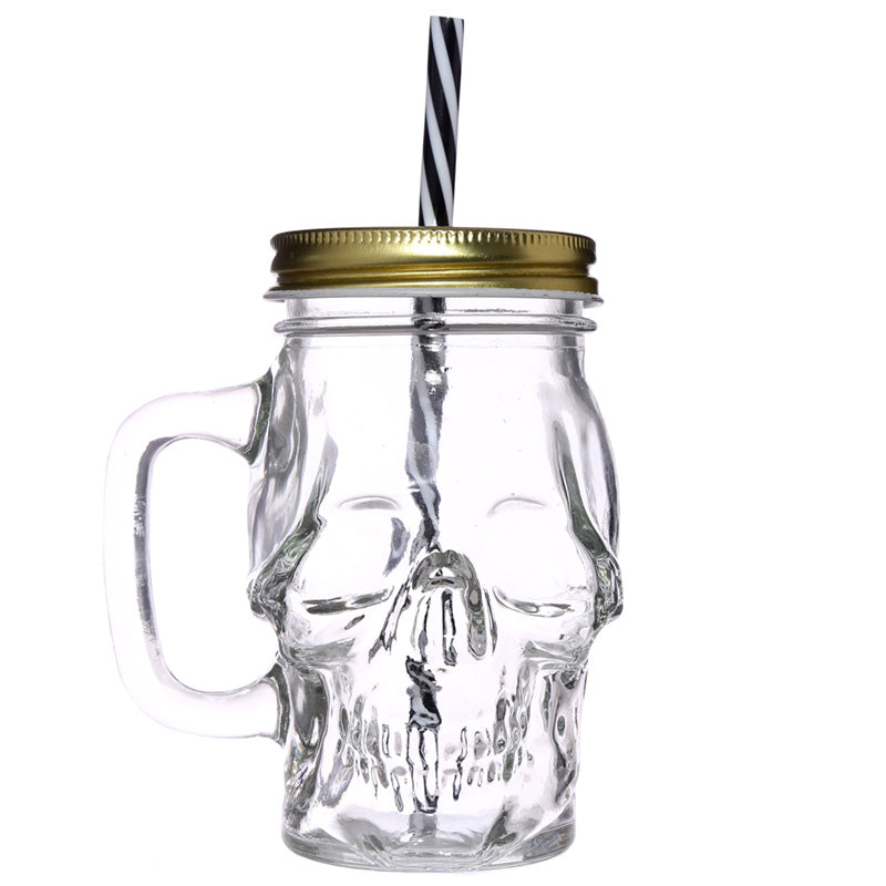 Skull Shaped Glass Drinking Jar with Lid and Straw