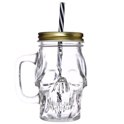 Skull Shaped Glass Drinking Jar with Lid and Straw