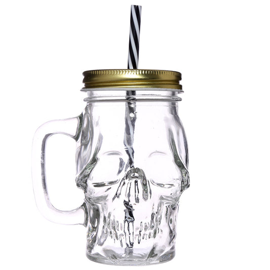 Skull Shaped Glass Drinking Jar with Lid and Straw