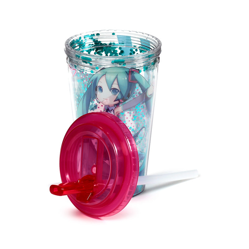 Hatsune Miku Cup with Lid and Straw on a table