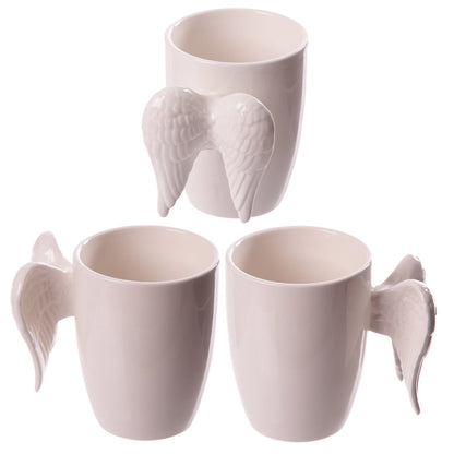 Shaped Handle Ceramic Mug with White Angel Wings