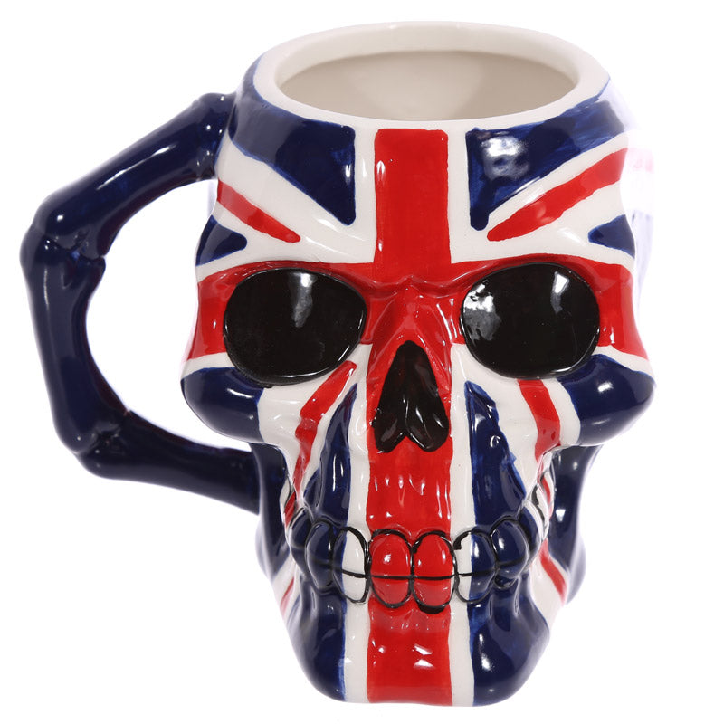 Side view of UK flag skull ceramic mug
