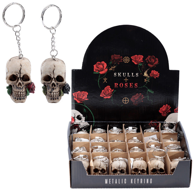 Stylish Skulls and Roses Novelty Keyring on display