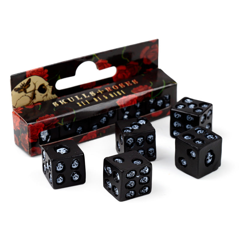 Close-up of Black Skull Dice showing intricate designs