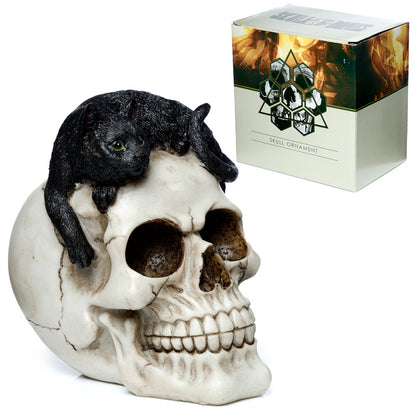 Fantasy Skull Ornament with Black Cat - Seasonal Decoration